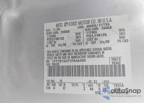 2001 Ford Ranger Edge/Xl/Xlt из США, поврежденный, VIN 1FTYR14U71PA46400